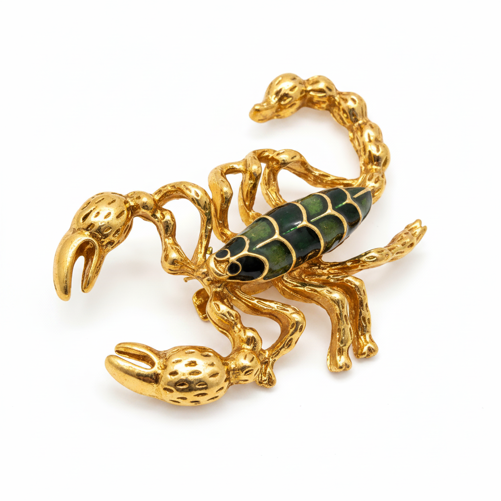 Gold and green scorpion-shaped brooch on a white background