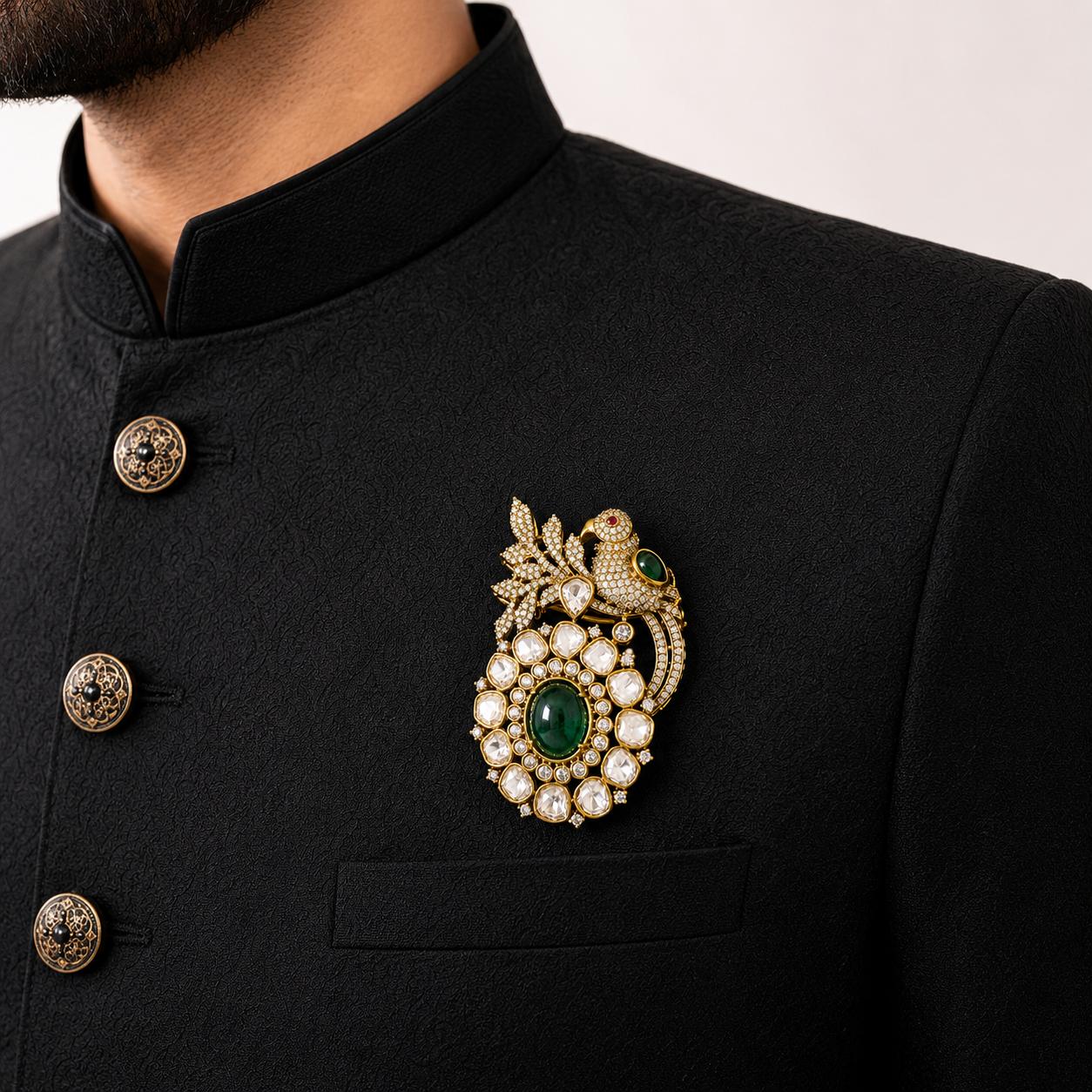 Shuka Mani Emerald Brooch — Polki & Cabochon Emerald