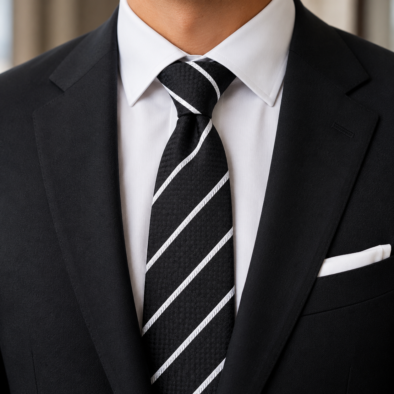 The Onyx Sentinel Black & Silver Double Stripe Tie - Model Shot