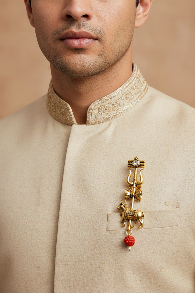 Divine Nandi Trishul Brooch – Sacred Gold Edition