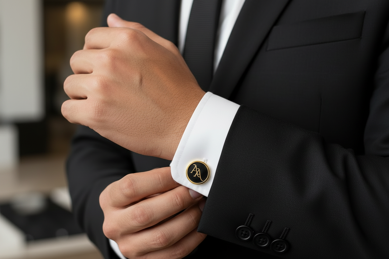 Person wearing a black suit with white dress shirt and gold cufflinks.
