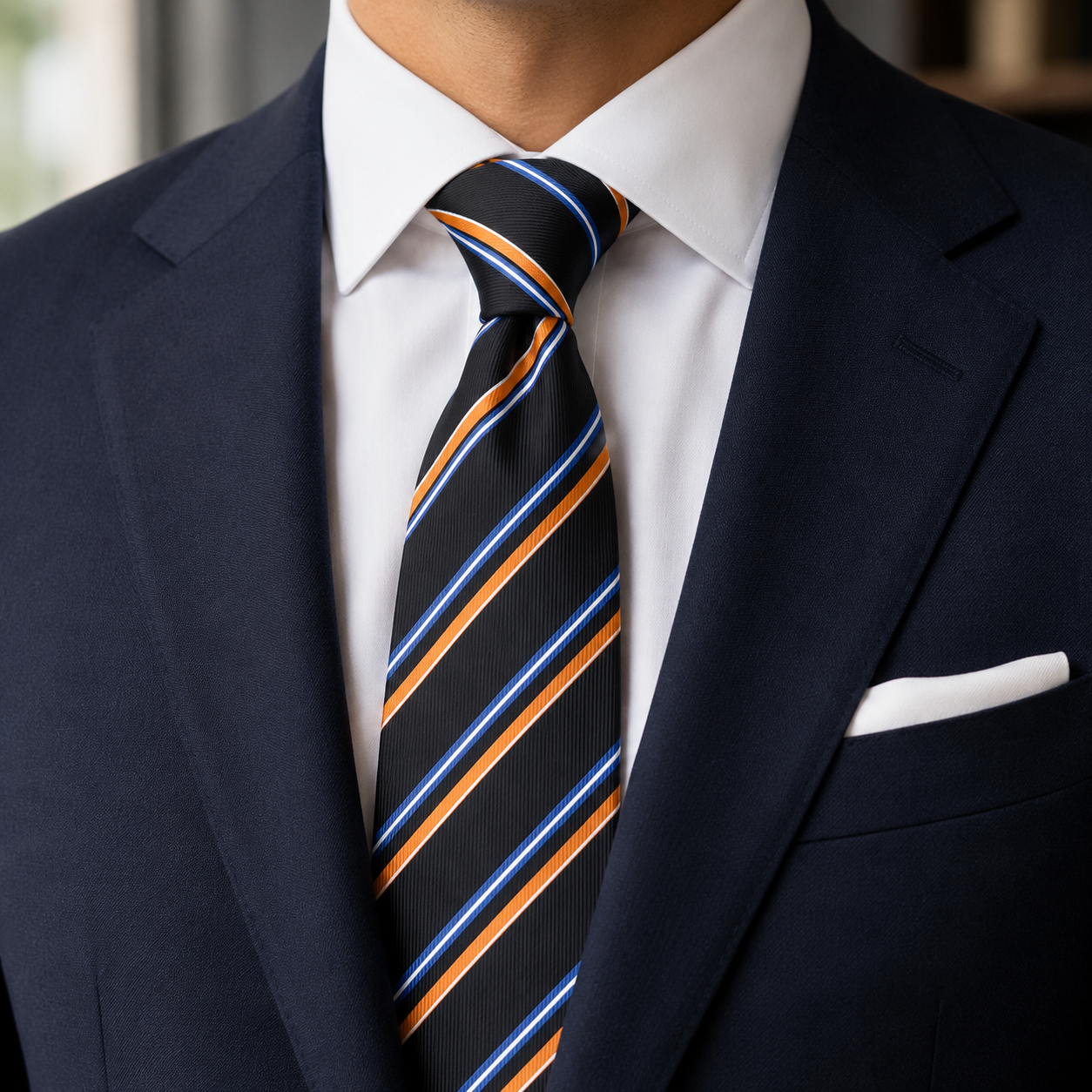The Agni Black, Orange & Royal Blue Triple Stripe Tie - Model Shot