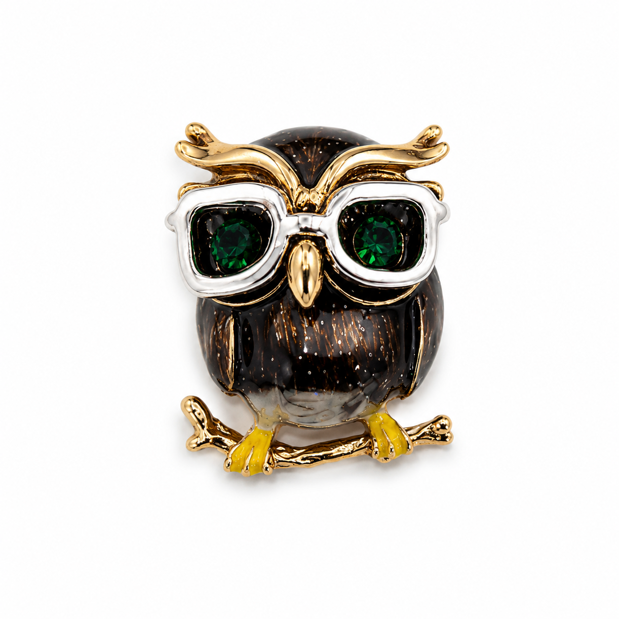 Wise Owl Emerald Brooch Green Crystal Eyes Detail — Albetro