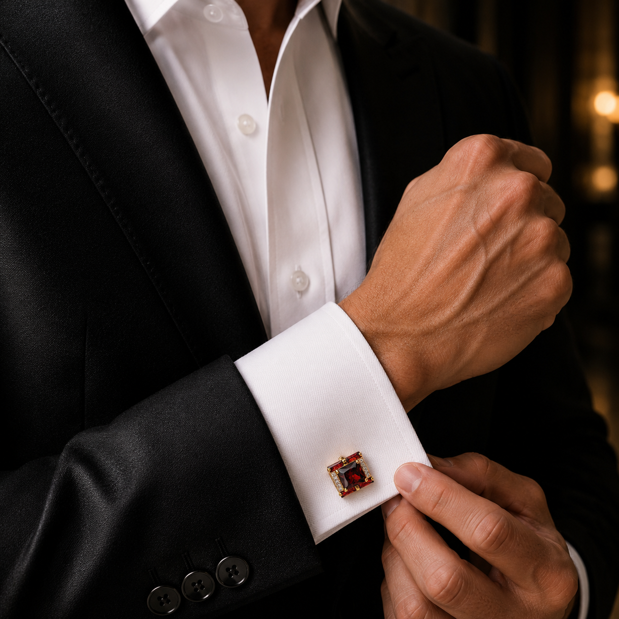 Red Garnet & Diamond Luxury Square Cufflinks