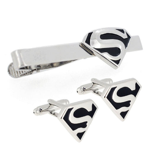 Black and Silver Superman Cufflinks and Tie Clip Set - SHOPWITHSTYLE