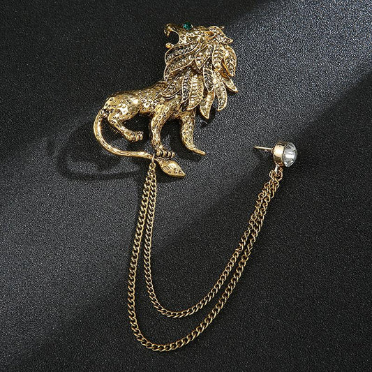 Vintage Gold Lion Brooch with Chain- SHOPWITHSTYLE