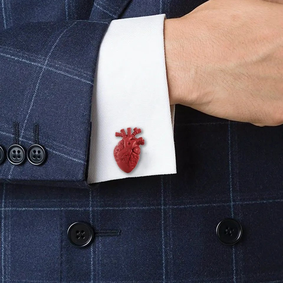 Red Enamel Rhodium Plated Heart Shaped Cufflinks