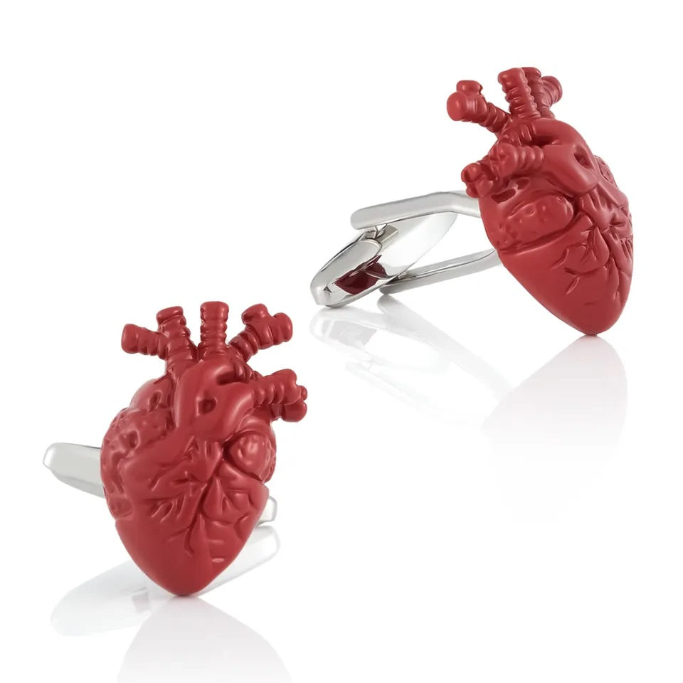 Red Enamel Rhodium Plated Heart Shaped Cufflinks