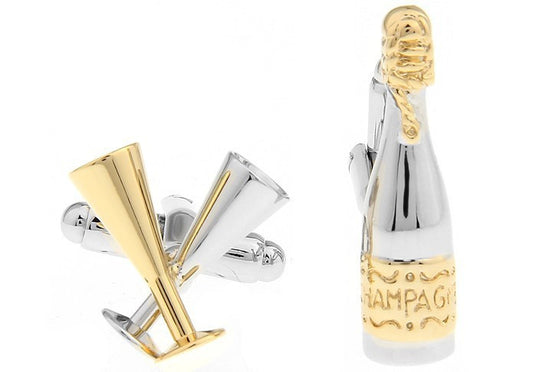 Gold Plated Champagne Wine Bottle and Glasses Silver & Gold Copper Cufflink - SHOPWITHSTYLE